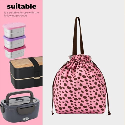 Reusable Lunch Bag,Canvas Drawstring Lunch Bag, Lunch Tote for Work, School, or Picnics, Lightweight & Waterproof, Keeps Food Fresh All Day(Pink Leopard Print) - color: Pink Leopard Print