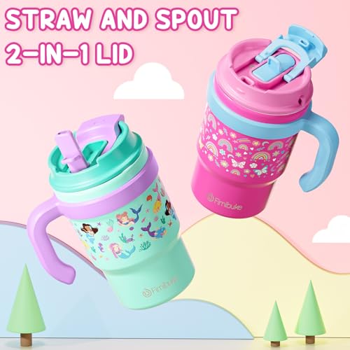 Fimibuke 16oz Kids Insulated Tumbler with Handle & Straws - 2 Pack BPA FREE 18/8 Stainless Steel Toddler Cups with Sip/Swig 2-in-1 Lids, Leak Proof Kid Drinking Cup Travel Mugs for Children Boys Girls - color: B3.Rainbow & Mermaid