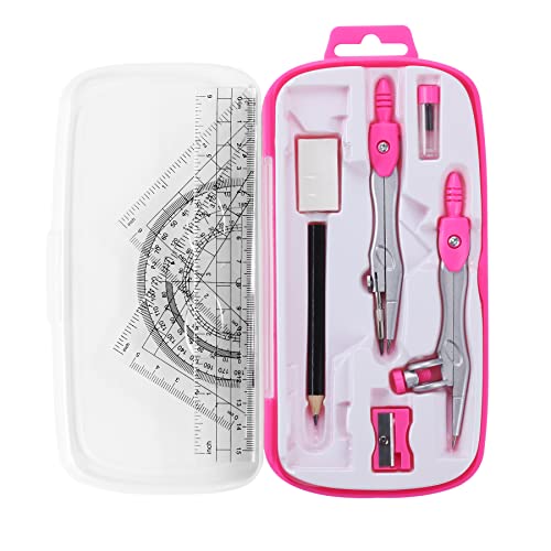 Unjoo Math Geometry Set 10 Pcs, Compass and Protractor for Students (Pink) | Shatterproof Storage Box,Rulers,Protractor,Compass,Eraser,Pencil Sharpener,Lead Refills,Pencil,for Classroom, Back to School - color: Pink
