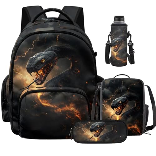 Black Snake Backpack for Kids Girls Boys Backpack with Lunch Box Water Bottle Carrier and Cute Pencil Case 4PCS Set Bookbag with Front Pocket for School 17 inch Large School Bag Graduation - color: Black Snake