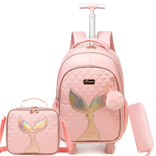 Rolling Backpack for Kids 8-12 Girls Rolling Backpack Kids Trolley School Bag with Wheels Travel Backpacks Carry on Luggage for Girls with Lunch Box Pencil Case - color: Mermaid Pink