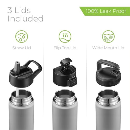SipX™ 18 oz Insulated Water Bottle with 3 Lids – Leakproof Stainless Steel, Triple Insulated – Cold 24 Hours/Hot 12 Hours – Durable Bottle for School, Gym, Travel – Grey - color: Gray, size: 18 Ounces