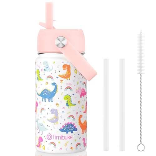 Fimibuke Kids Insulated Water Bottle, 14oz BPA FREE 18/8 Stainless Steel Travel Tumbler Double Wall Vacuum Leak Proof Kids Cup with Straw Metal Bottle for School Boys Girls(1 Pack, WHITE DINOSAUR) - color: A12. WHITE DINOSAUR
