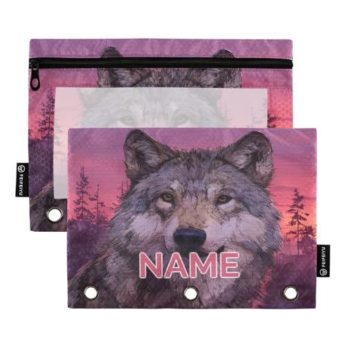 Custom Text Wolf Purple Pencil Pouch for 3 Ring Binder Personalized Text Photo Pencil Case Clear Window Pencils Bag for School Office 2 Packs - color: Custom Wolf Purple