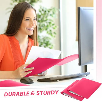 Yeaqee 30 Pcs Plastic Folders with Pockets and Prongs Plastic Folder 2 Pockets 3 Prongs with Card Slot for Office, School for Students, Teachers, Office Workers (Rose Pink) - color: Rose Pink