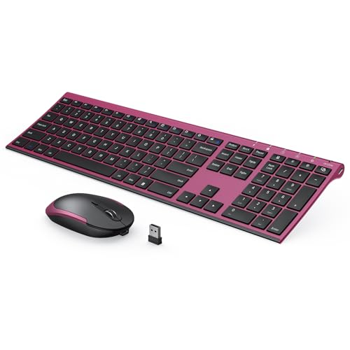 Vssoplor Wireless Keyboard and Mouse, Rechargeable Ultra Slim, Wine Red | Quiet Full-Size Keyboard and Mouse Combo Set, for Laptop, PC, Notebook, Desktop, 2.4GHz Stable Connection, Ideal for Office - color: Black and Wine Red