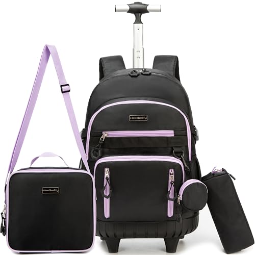 Meetbelify Rolling Backpack for Girls Boys Backpacks with Wheels Kids Carry on Luggage for Girls Boys - color: Girl Black Purple