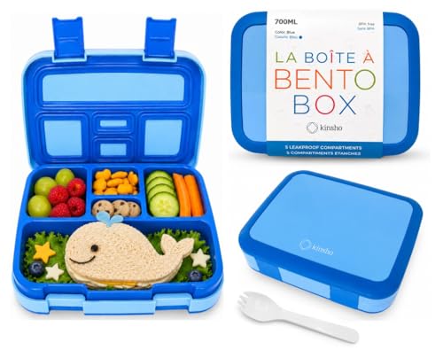 kinsho Bento Lunch Box for Kids Toddlers Boys, 5 Portion Sections Secure Lid, Microwave Safe BPA Free Removable Tray, Pre-School Kid Daycare Lunches Snack Container Ages 3 to 5, Blue - color: Blue