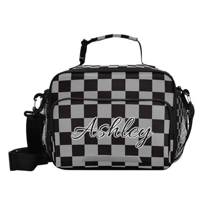 Custom Student Lunch Bag for Boys Girls Gray Black Checkered Personalized Lunch Box With Name Insulated Cooler Bag for School Picnic Travel - color: Multi19