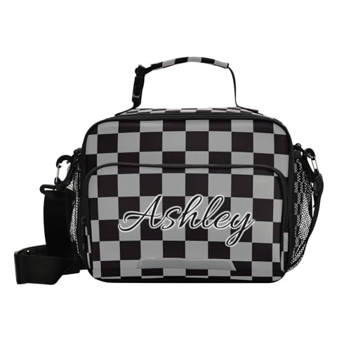Custom Student Lunch Bag for Boys Girls Gray Black Checkered Personalized Lunch Box With Name Insulated Cooler Bag for School Picnic Travel - color: Multi19