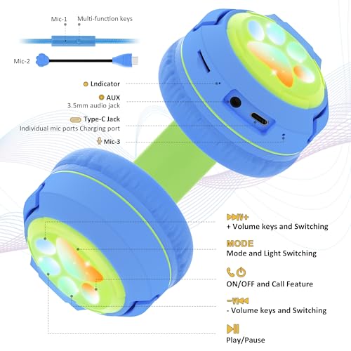 Riwbox CF9 Kids Bluetooth Headphones Cat Ear with LED Light Up,Safe 85dB Volume Limit,Built-in Mic&Boom Mic for Calls,Kids Wireless&Wired Headphones for Tablet/Airplane/School/Online Learning - color: Blue Green