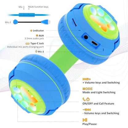 Riwbox CF9 Kids Bluetooth Headphones Cat Ear with LED Light Up,Safe 85dB Volume Limit,Built-in Mic&Boom Mic for Calls,Kids Wireless&Wired Headphones for Tablet/Airplane/School/Online Learning - color: Blue Green