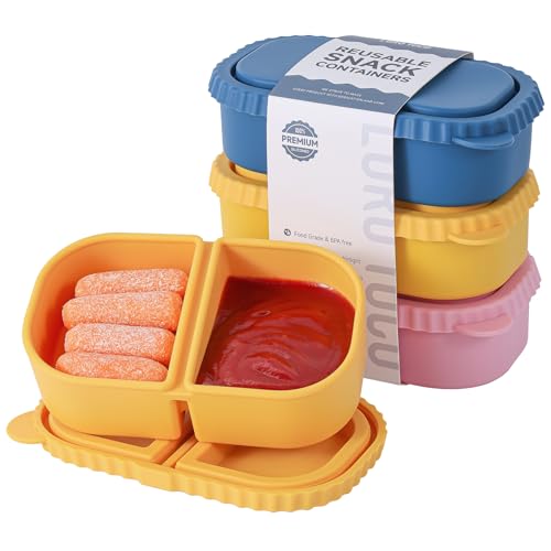3 Pack Silicone Reusable Snack Containers with Lids - 8 oz Double Compartment Snackle Box for Kids & Adults, BPA-Free & Leakproof, Small for Dressing, Snacks, School, Office, Picnic - color: 2-Compartment (3-Pack)