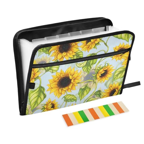 Expanding File Folder,13 Pocket Accordion File Folders with Sticky Labels, A4 Letter Size Paper Document Organizer with Zipper Closure for Office School,Hand Painted Sunflower - color: Hand Painted Sunflower