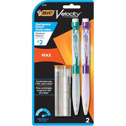 BIC Velocity Max Mechanical Pencils, With Colorful Barrel, Medium Point (0.7mm), 2-Count Pack Mechanical Pencils With Erasers and Lead Refills - size: 2 Count (Pack of 1), style: Medium Point
