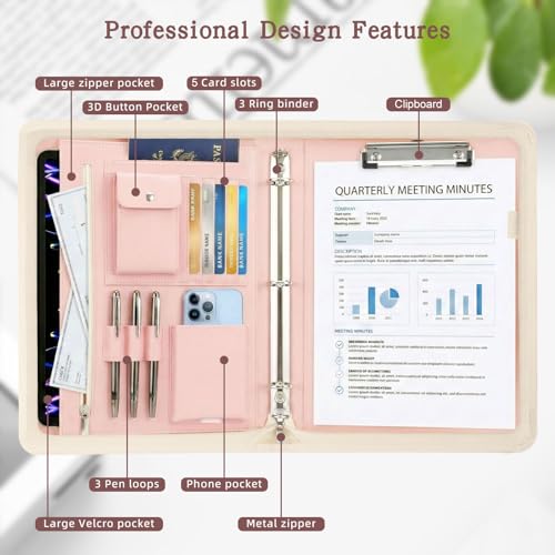 Zippered Padfolio with 3-Ring Binder & Clipboard, PU Leather Portfolio Organizer for Men Women, A4 Document Holder with Phone Pocket Pen Loops Card Slots, Professional Business Folder Rose Gold