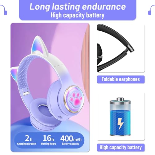 Cat Ear Bluetooth Kids Headphones, LED Lights, Safe Volume, Foldable | Safe 85dB volume limit, Bluetooth 5.0, LED cat ears, built-in mic, TF card slot, foldable & adjustable for ages 3-12 - color: 1