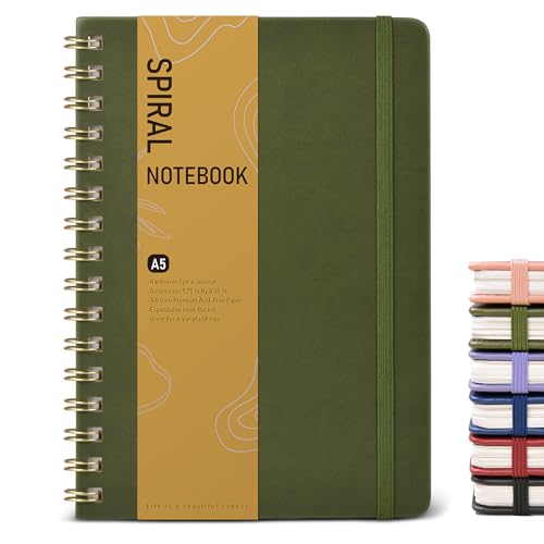 Dotted Spiral Journal Notebook, A5 Hardcover Spiral Journals for Women Men, 100 GSM Dot Grid Paper Notebooks, 150 Pages Spiral Bullet Dotted Notebook for Writing Note Taking 5.75" x 8.38" Olive Green - color: Green, size: Dotted