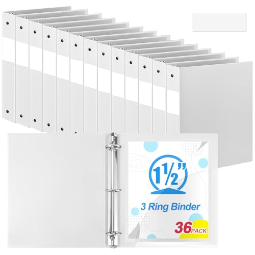Henoyso 36 Pcs White 1.5 Inch 3 Ring Plastic Binder Bulk, 1 1/2 Inch Soft Flexible Binders Three Round Rings Fit 8.5x11 Papers for School Office Home File Organization Supplies - color: White