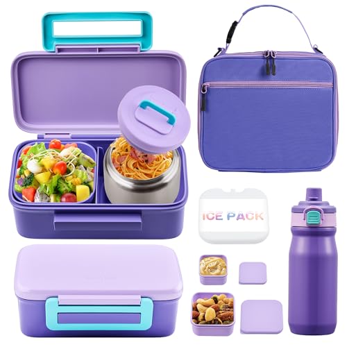 MAISON HUIS Bento Box for Kids with 8oz Soup Thermo, Insulated Lunch Bag & 17oz Water Bottle, 2-Compartment Bento Box with Built-In Ice Pack, Leak-Proof & BPA-Free (Purple) - color: Purple