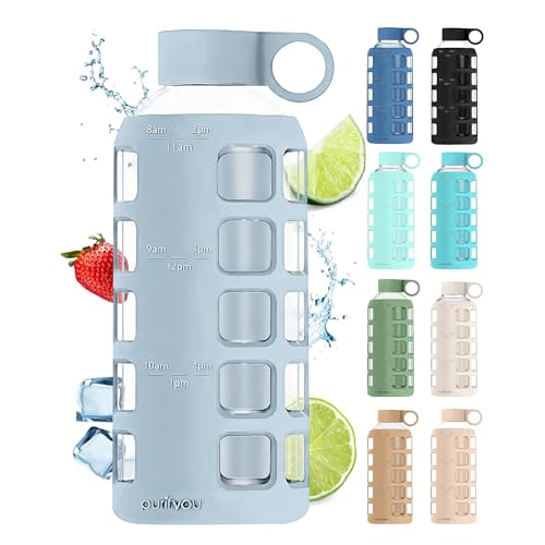 purifyou 40oz / 32oz / 22oz / 12oz Borosilicate Glass Water Bottle with Time & Volume Markers, Silicone Sleeve, Stainless Steel Lid | Reusable Glass Bottle for Water & Juice (22oz Ice Blue) - color: Ice Blue (1 Count), size: 22 Ounces