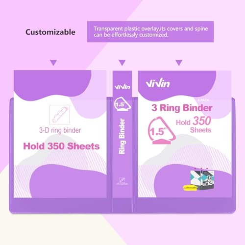ViVin 튼튼한 3.8cm(1.5인치) 3링 바인더, 포켓 포함, 슬랜트 D 링, PVC 프리, 맞춤형 클리어 뷰 바인더, 21.6 x 27.9cm(8.5 x 11인치) 용지 350장 보관, 6팩 (퍼플) - color: 핑크, size: 1.5인치