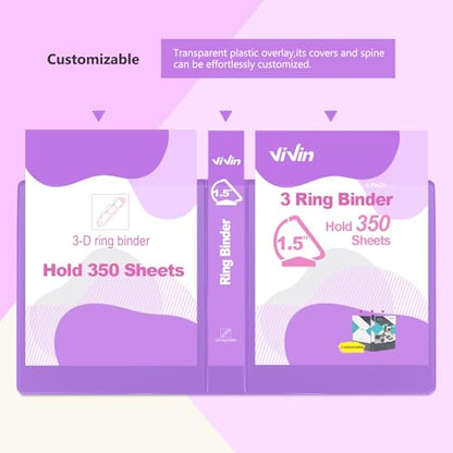 ViVin 튼튼한 3.8cm(1.5인치) 3링 바인더, 포켓 포함, 슬랜트 D 링, PVC 프리, 맞춤형 클리어 뷰 바인더, 21.6 x 27.9cm(8.5 x 11인치) 용지 350장 보관, 6팩 (퍼플) - color: 핑크, size: 1.5인치