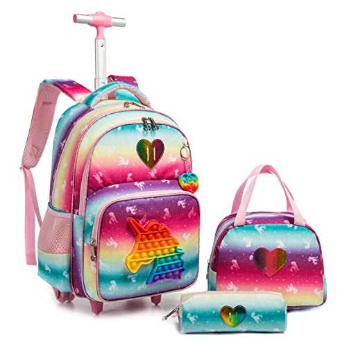 Meetbelify Unicorn Rolling Backpack for Girls Wheels Backpacks for Elementary Student Wheeled Trolley Trip Kids Luggage for Teen Girls with Lunch Box Pencil Case - color: 01 Unicorn