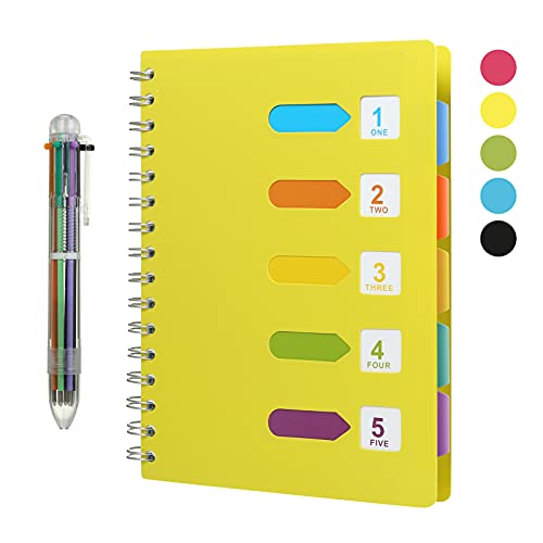 KESOTE 5 Subject Spiral Notebook with Divider Tabs, A5 Wide Ruled 5.7" × 8.5" Hardcover Tabbed Notebook Journal, 240 Pages, Yellow - color: Yellow