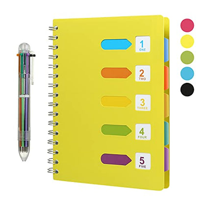 KESOTE 5 Subject Spiral Notebook with Divider Tabs, A5 Wide Ruled 5.7" × 8.5" Hardcover Tabbed Notebook Journal, 240 Pages, Yellow - color: Yellow