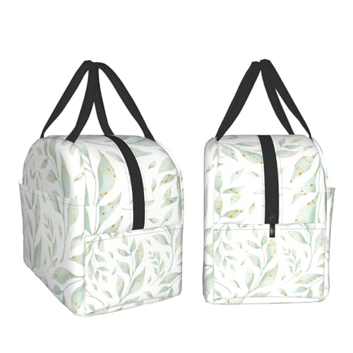 Nerxy Watercolor Leaf Insulated Lunch Bag Spring Sage Green Lunch Box Reusable Cooler Tote Bag Woman 8x5x8.5inch Waterproof Meal Container with Pocket for Work School Travel Office Picnic - color: Leaf