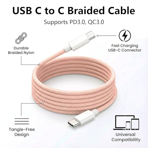 USB C to C Charger Cable, 60W, 6FT, 2-Pack, Pink | Fast Charging, Braided Nylon, for iPhone 17/16/15, MacBook iPad, Galaxy S25/S24 - color: Pink, size: 6FT+6FT