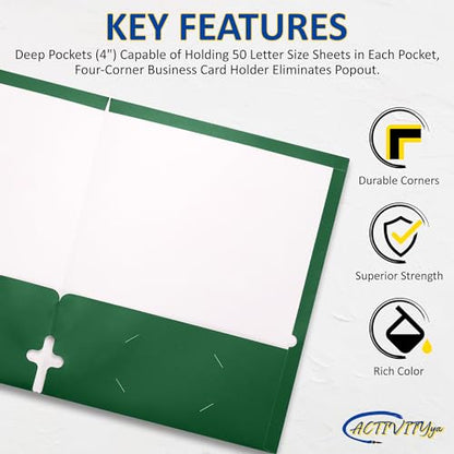 10 Pack Two Pocket Folders, Green, Strong Thick Paper Folders, for Letter Size, by ACTIVITYya - color: Green