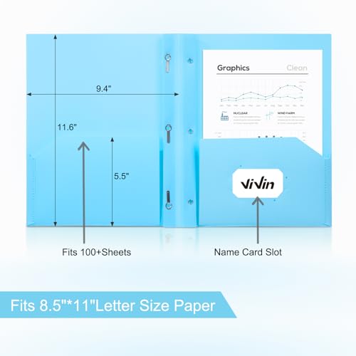 ViVin Sturdy Plastic Folder with Pockets,12 Pack,Heavy Duty Two Pocket 3 Prong Folders,Holds Letter Size Paper,File Folders with Business Card Slot for School Home and Office(Light Blue) - color: Light Blue, size: 12 PACK
