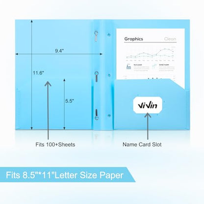 ViVin Sturdy Plastic Folder with Pockets,12 Pack,Heavy Duty Two Pocket 3 Prong Folders,Holds Letter Size Paper,File Folders with Business Card Slot for School Home and Office(Light Blue) - color: Light Blue, size: 12 PACK