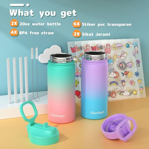 Gonfoam 16oz Kids Stainless Steel Insulated Water Bottle, 2 Pack | DIY Stickers, BPA-free, Leak-proof, Sturdy, Keeps Cold 24h, Easy to Carry, Easy to Clean, Back to School, Gifts - color: Purple+Green, size: 16 Ounces