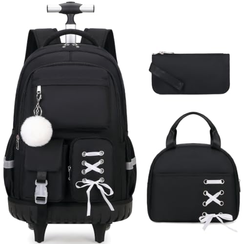 Scothen Rolling Backpack for Girls, Girls Backpack Set with Lunch Box & Pencil Pouch for Teen Girl Kids Children Elementary Middle School, Bookbag Daypack Laptop Travel Backpack with Wheels (Black) - color: Black