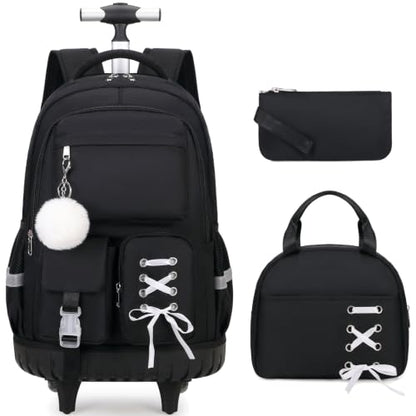 Scothen Rolling Backpack for Girls, Girls Backpack Set with Lunch Box & Pencil Pouch for Teen Girl Kids Children Elementary Middle School, Bookbag Daypack Laptop Travel Backpack with Wheels (Black) - color: Black
