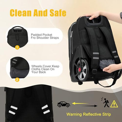NEW TILAMI 19 Inch Rolling Backpack with Lunch Bag for Girls Boys Wheeled Laptop Backpack Durable Carry-on Bag School Travel, Black - color: Black