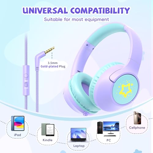 [Purple + Blue] Kids Headphones for School Travel, 85/94dB Volume Litmit, HD Mic Stereo Sound Wired Over-Ear Toddler Girls Boys Headphones for Kid, Foldable 3.5mm for Tablet