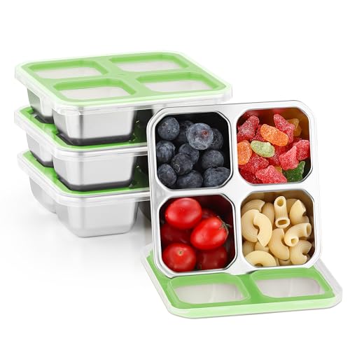 BEFOY 4 Pack Stainless Steel Snack Containers with Lids 4 Compartment Food Storage Containers for Adults & Kids Meal Prep Containers Reusablele (Green, 4) - color: Green, size: 4