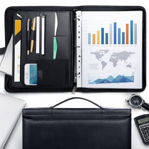 Yodo Zipper Padfolio Portfolio Binder Organizer PU Leather Portfolio for Resume, Legal Documents, Tablet, Business Supplies and Cards,3-Ring Binder with Handle, Notepad Folder for Men & Women
