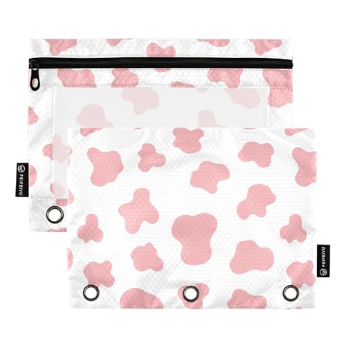 Gredecor Binder Pencil Pouch 3 Ring Abstract Pink Cow Zipper Pencil Pouches Case 2 Pack Clear Binder Organizer for School Office - color: Pink Cow