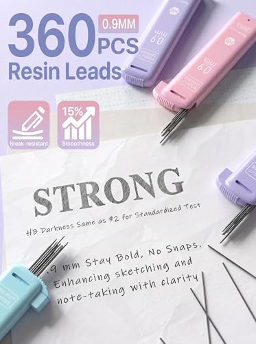 Four Candies Cute Pastel Mechanical Pencil Set, 0.9mm, 3 Pack | 360 Lead Refills, 3 Erasers, 9 Eraser Refills, Storage Case, Non-Slip Grip, Bold Lines for Notes, Sketching & Marking - style: 0.9mm