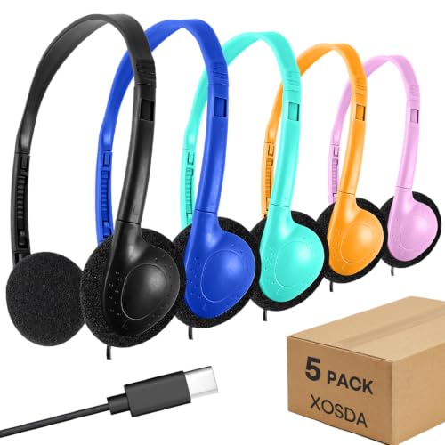 Type C Kids Headphones Bulk 5 Pack for Classroom School Students, USB C Wired Headphones Class Set for Boys Girls Adults Tablet Smartphones(5 Mixed)