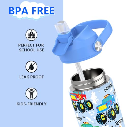 Monster Truck Boys Insulated Water Bottle with Straw,12 oz Kids Cups with Stainless Steel Leak Proof for School Daycare - color: A10.Monster Truck, style: 1Pack