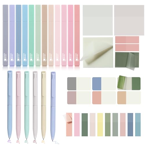 DazSpirit 12 Pastel No Bleed Bible Highlighters and 6 Color Pens with 620 Sheets Transparent Sticky Notes, Bible Journaling Kit, Aesthetic Colored Labels for School Office Annotating Books Supplies | Bible Journaling Kit, Bible Study Supplies, Aesthetic C