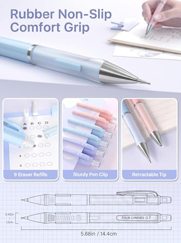 Four Candies Cute Pastel Mechanical Pencil Set, 0.5mm, 3 Pack | 360 Lead Refills, 3 Erasers, 9 Eraser Refills, Storage Case, Non-Slip Grip, Fine Lines for Notes, Tests & Drawing - style: 0.5mm