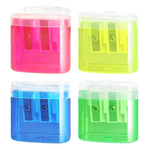 4 PCS Handheld Pencil Sharpeners with Lid, Multicolor Dual Hole Manual Little Sharpener for Crayons Graphite Pastel Colouring Lip Liners Eye Brow Pencils