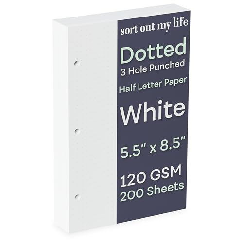 Half Letter 3-Hole Punched Dot Grid Paper, 200 Sheets, 120 GSM, 5.5 x 8.5 inch, Dotted Paper Planner Refill Inserts for Mini-Binders and 3-Ring Half Letter Binders